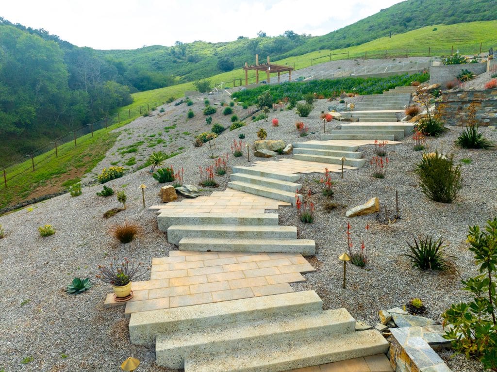 Modern garden stairs in a hillside landscape