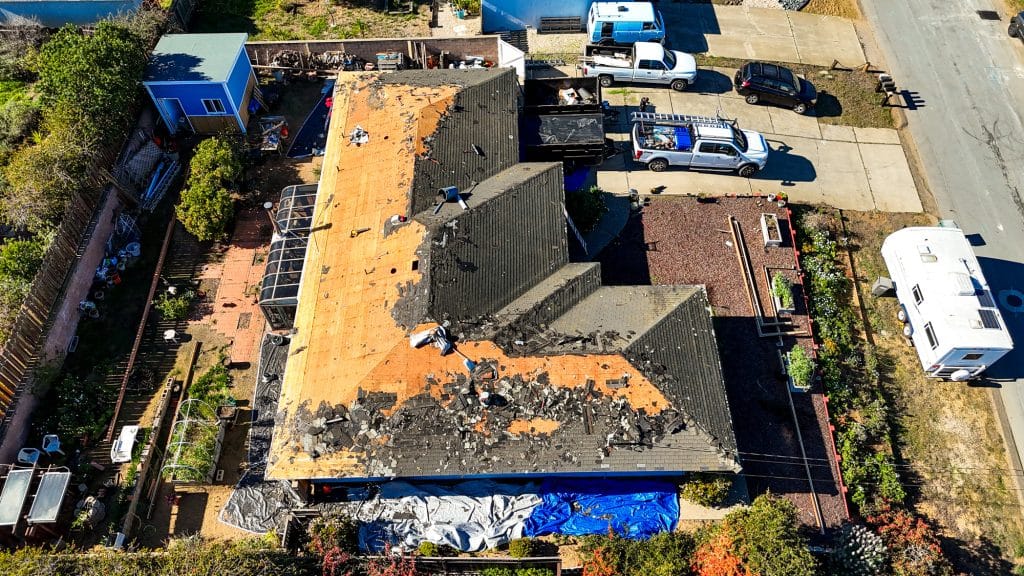 Aerial view of house roof under renovation