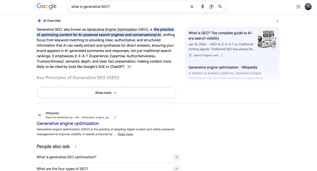Google search results for generative SEO definition