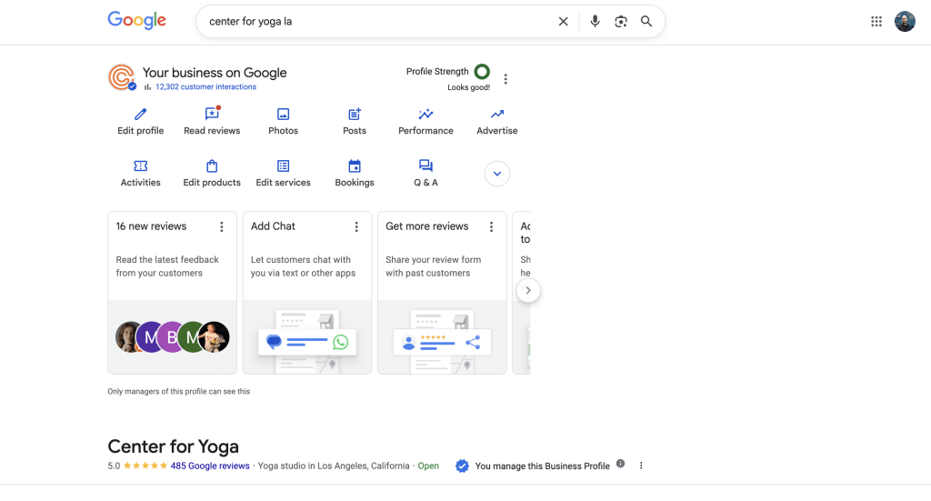 Google Business profile for Center for Yoga LA